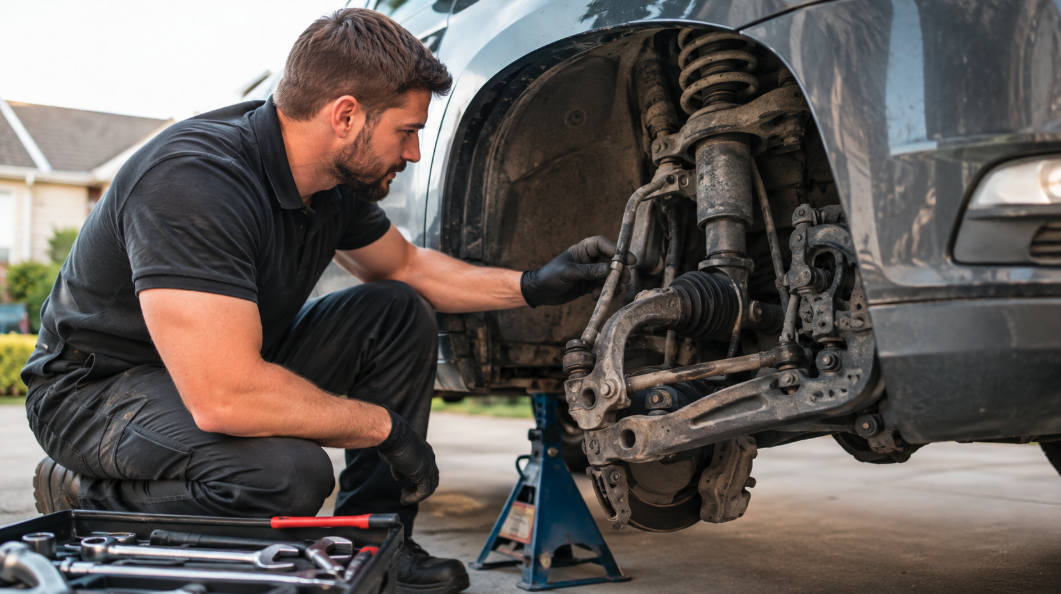 Mobile mechanic inspecting suspension and steering components
