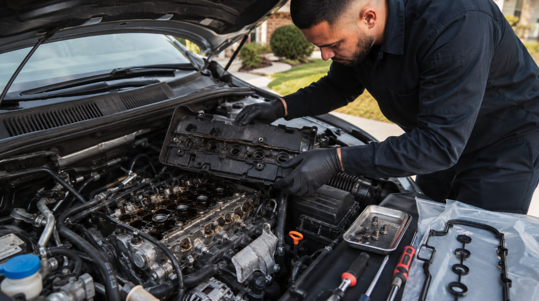 Mobile mechanic replacing a valve cover gasket