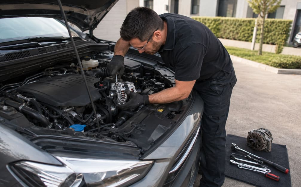 Mobile mechanic replacing a failed alternator on a passenger vehicle in a residential driveway