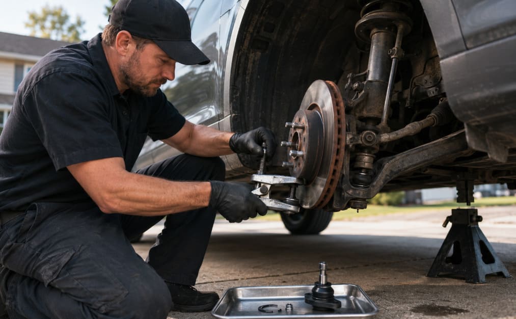 Mobile mechanic replacing a worn lower ball joint on a vehicle safely supported in a residential driveway