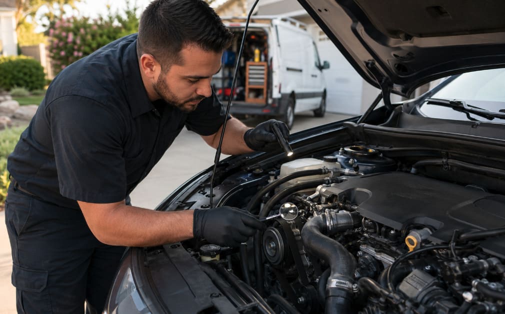 Mobile mechanic inspecting a vehicle’s serpentine belt, pulleys, and coolant hoses for wear and leaks