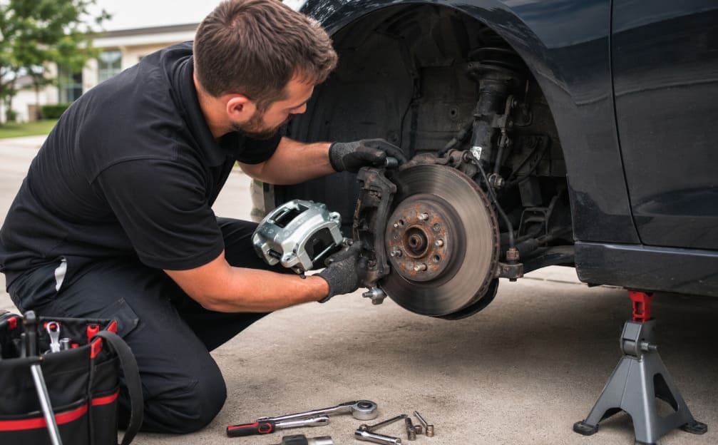 Mobile mechanic replacing a faulty brake caliper on a vehicle safely supported in a residential driveway