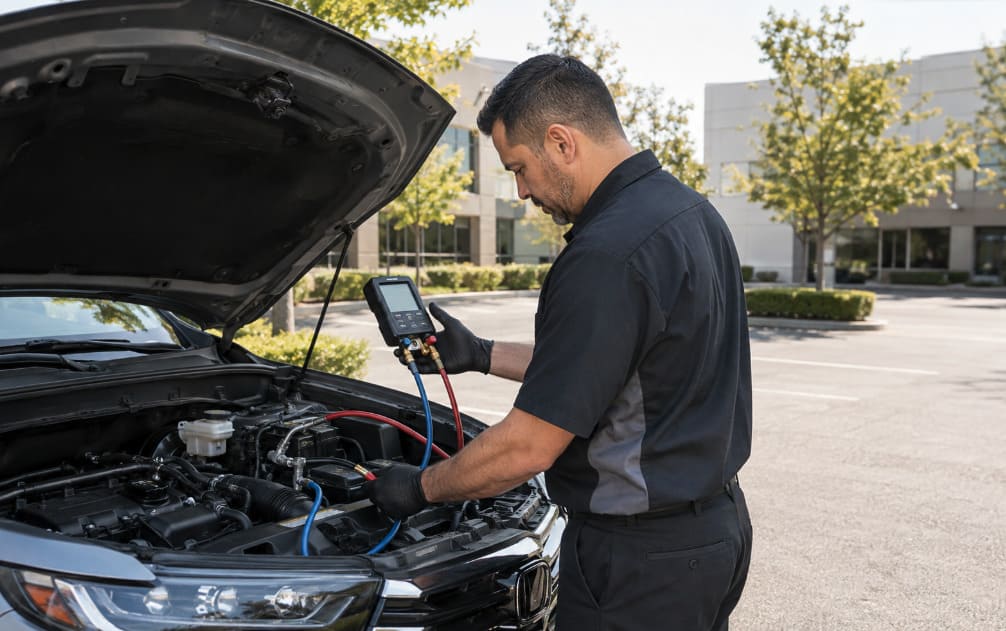 Mobile mechanic using A/C pressure gauges and a vent temperature probe to diagnose weak vehicle air conditioning on-site