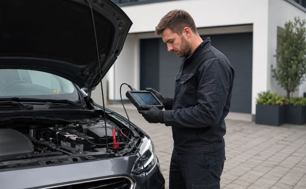 Mobile mechanic using a diagnostic scan tool to inspect a vehicle on-site