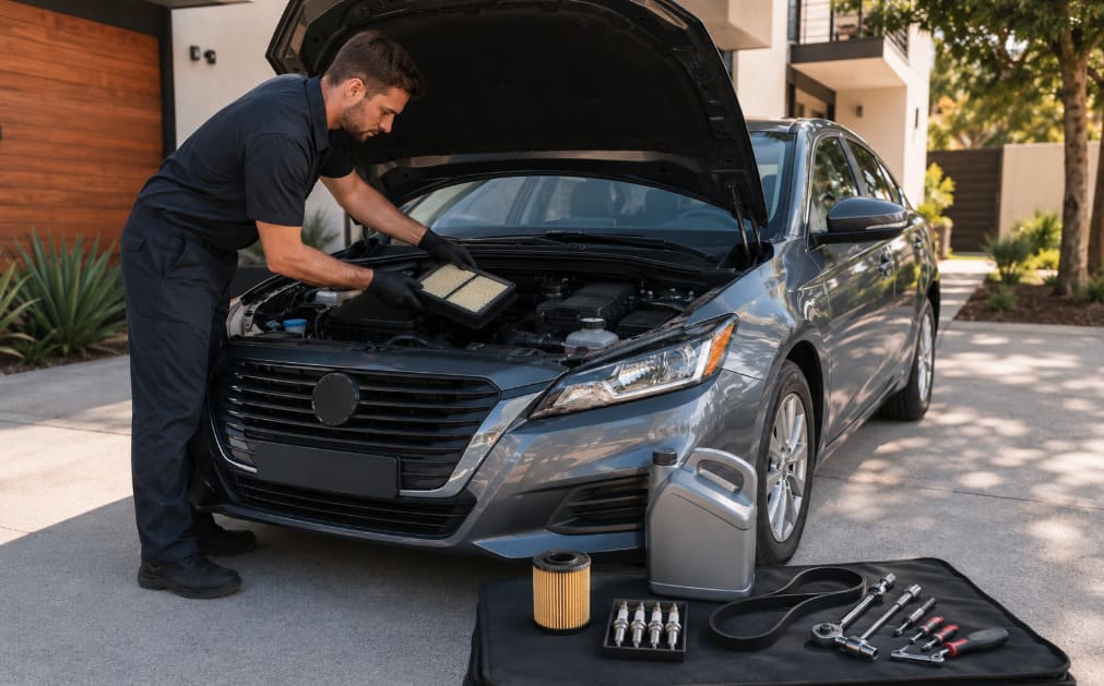 Mobile mechanic performing routine car maintenance at home with an air filter, oil filter, spark plugs, and serpentine belt