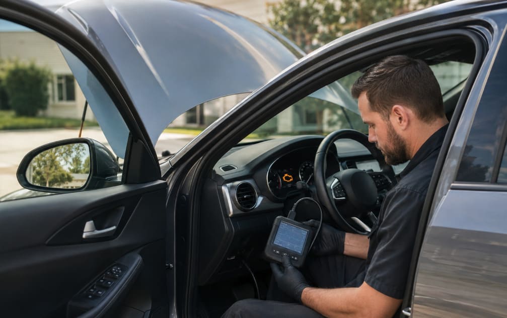 Mobile mechanic using a scan tool to diagnose an illuminated check engine light at the vehicle’s location
