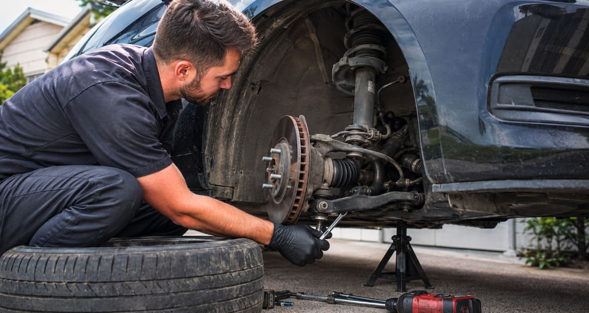 Mobile mechanic replacing a front control arm and inspecting suspension components at a customer’s location