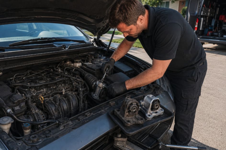 Mobile mechanic replacing a worn engine mount on a passenger vehicle in a residential driveway
