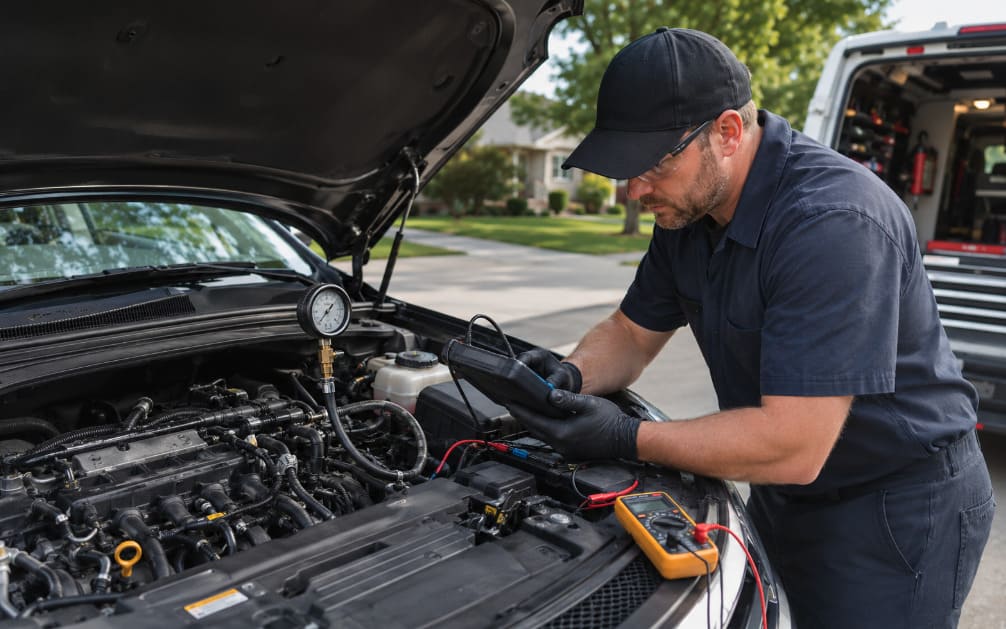 Mobile mechanic using a fuel-pressure gauge and diagnostic tools to test a vehicle’s fuel-delivery system