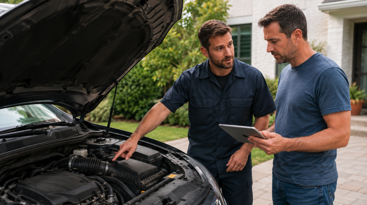 Mobile mechanic performing an on-site no-start diagnostic service
