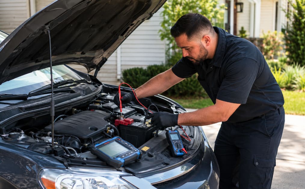 Mobile mechanic testing a car battery to diagnose why the vehicle will not start