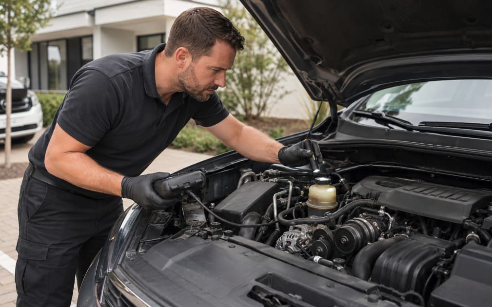 Mobile mechanic inspecting a vehicle’s power steering fluid reservoir and steering system during an on-site diagnostic service
