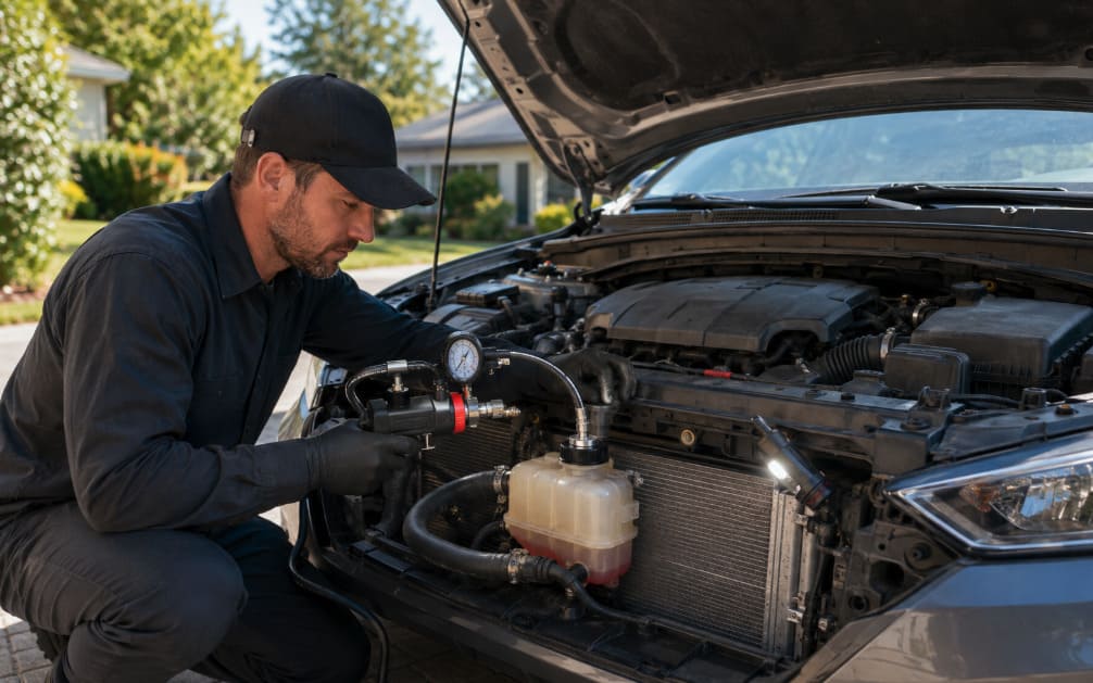 Mobile mechanic inspecting a vehicle radiator, coolant reservoir, and hoses to diagnose overheating and coolant loss