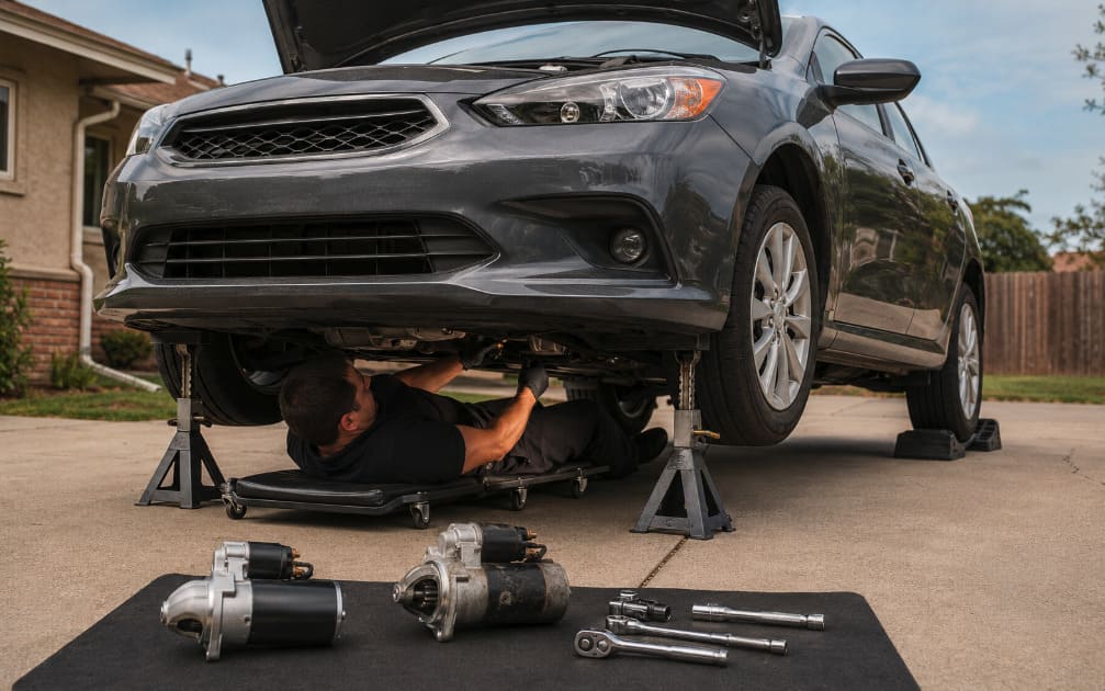 Mobile mechanic replacing a failed starter motor on a safely supported vehicle at the customer’s location