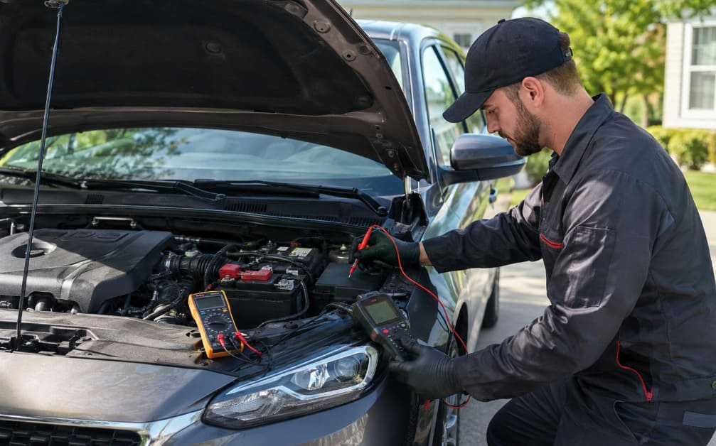 Mobile mechanic performing starting-system diagnostics in Downtown Suffolk
