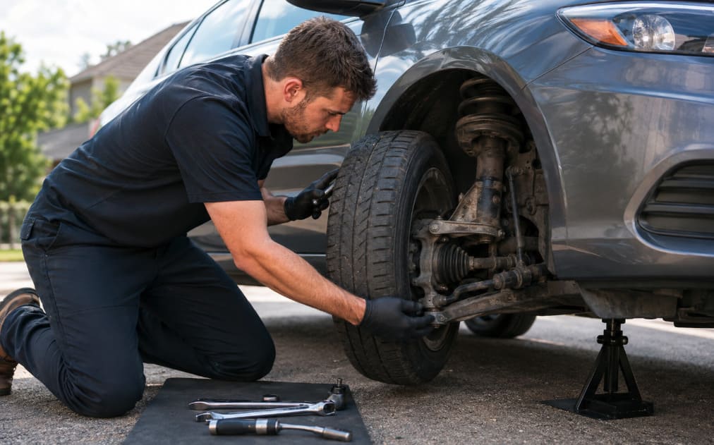 Mobile mechanic inspecting a vehicle’s suspension, strut, tie rod, and front-end steering components on-site