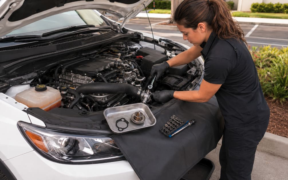 Mobile mechanic replacing a faulty engine thermostat at the customer’s location after diagnosing a cooling-system problem.
