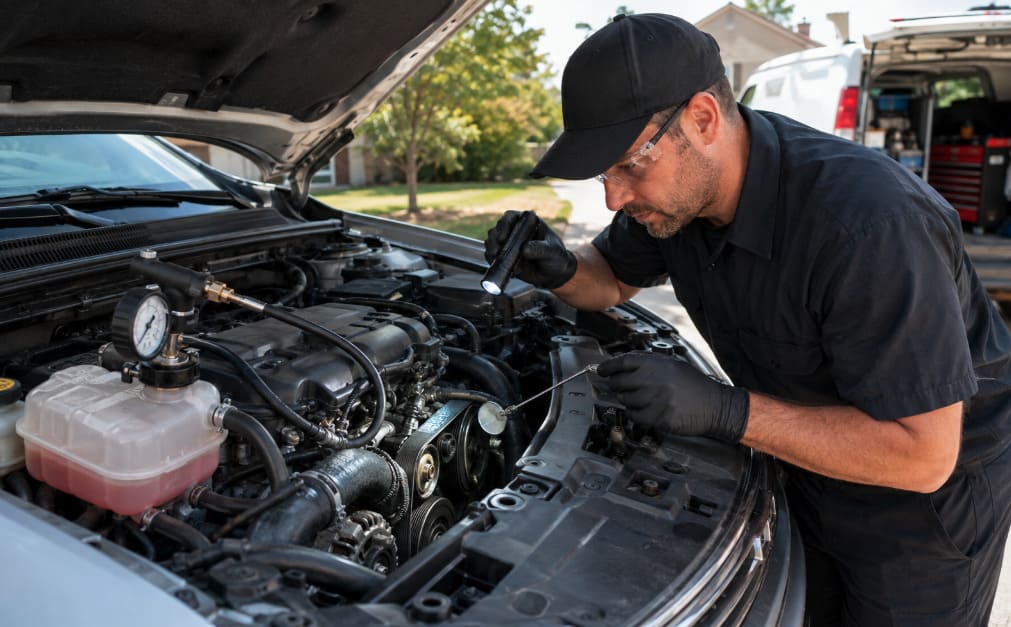 Mobile mechanic inspecting a vehicle water pump, serpentine belt, hoses, and cooling system for overheating and coolant leaks