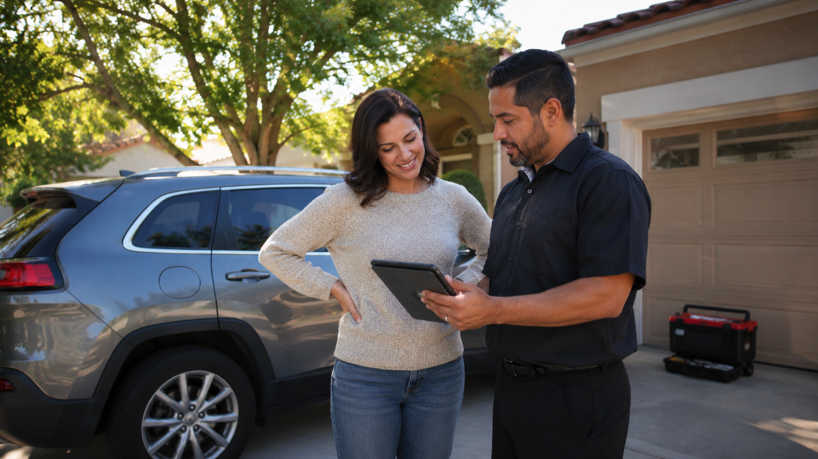 Mobile mechanic providing on-site auto repair at a customer location