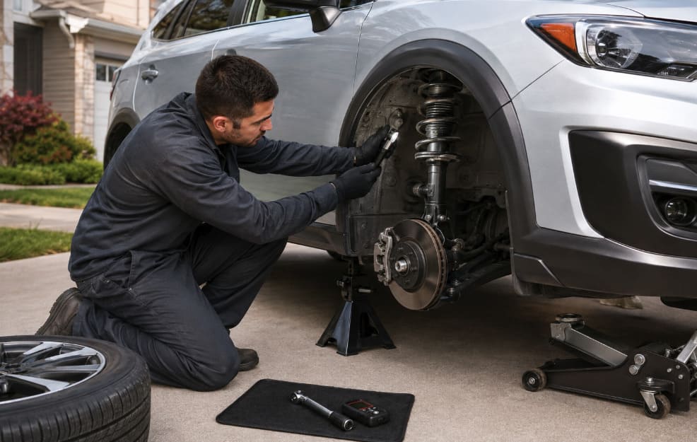 Mobile mechanic replacing a worn front strut on a safely supported vehicle at the customer’s location