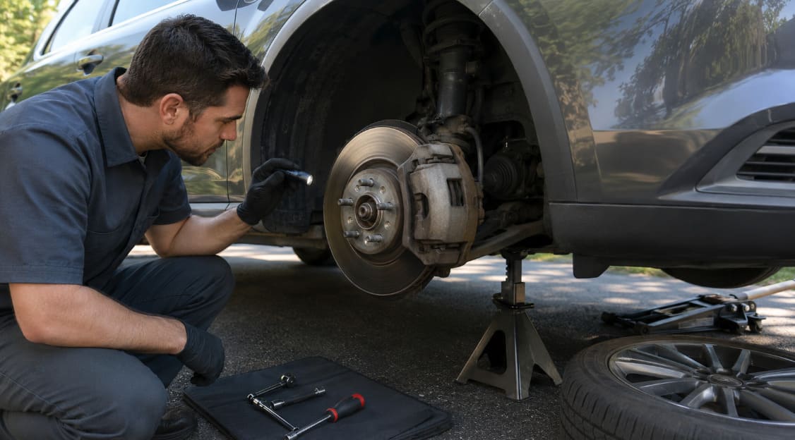 Brake pads vs rotors compared during a brake system inspection